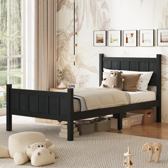 Alt view image 2 of 7 - Twin Size Flat Panel Bed with Headboard & Footboard, Minimalist Modern Platform Bed with Wood Grain Finish, Shaker and Farmhouse Style Design, Sleek and Functional Bedroom Furniture,Black