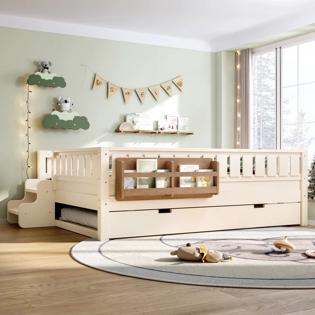 Alt view image 3 of 7 - Full with built-in bookshelves and small staircase, high-quality safety rails, and Trundle,Beige