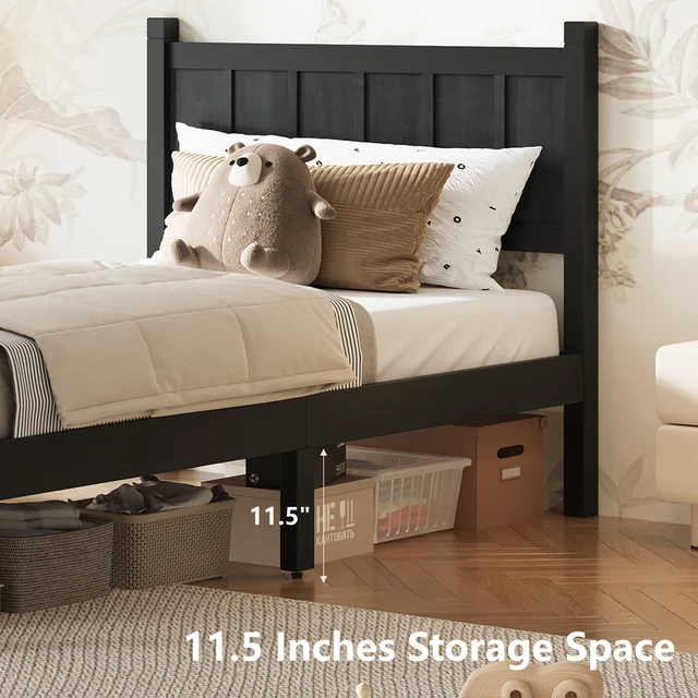 Alt view image 5 of 7 - Twin Size Flat Panel Bed with Headboard & Footboard, Minimalist Modern Platform Bed with Wood Grain Finish, Shaker and Farmhouse Style Design, Sleek and Functional Bedroom Furniture,Black