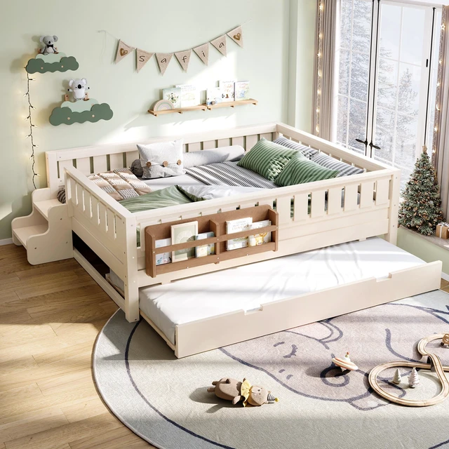 Main image of Full with built-in bookshelves and small staircase, high-quality safety rails, and Trundle,Beige