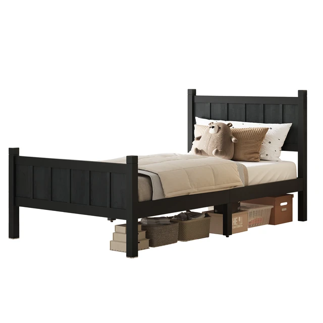 Alt view image 6 of 7 - Twin Size Flat Panel Bed with Headboard & Footboard, Minimalist Modern Platform Bed with Wood Grain Finish, Shaker and Farmhouse Style Design, Sleek and Functional Bedroom Furniture,Black