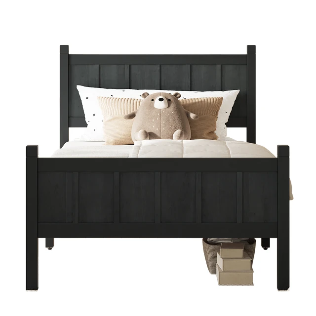 Alt view image 7 of 7 - Twin Size Flat Panel Bed with Headboard & Footboard, Minimalist Modern Platform Bed with Wood Grain Finish, Shaker and Farmhouse Style Design, Sleek and Functional Bedroom Furniture,Black