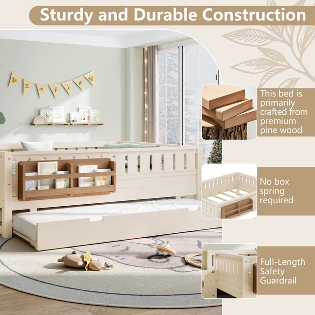 Alt view image 5 of 7 - Full with built-in bookshelves and small staircase, high-quality safety rails, and Trundle,Beige