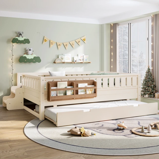 Alt view image 4 of 7 - Full with built-in bookshelves and small staircase, high-quality safety rails, and Trundle,Beige