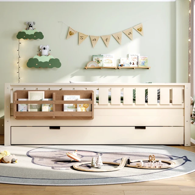 Alt view image 2 of 7 - Full with built-in bookshelves and small staircase, high-quality safety rails, and Trundle,Beige