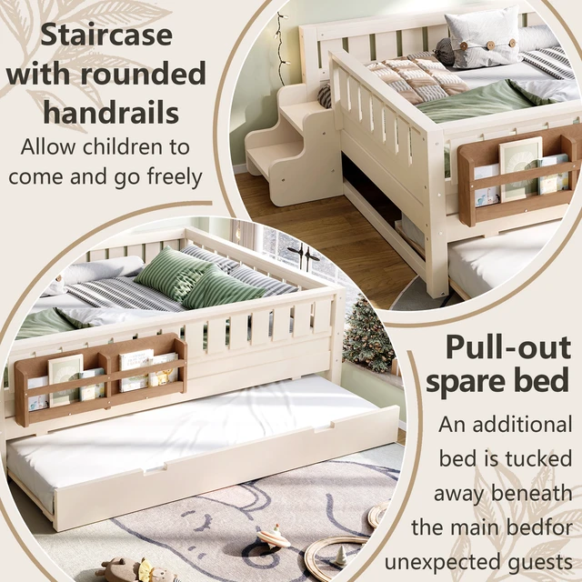 Alt view image 7 of 7 - Full with built-in bookshelves and small staircase, high-quality safety rails, and Trundle,Beige
