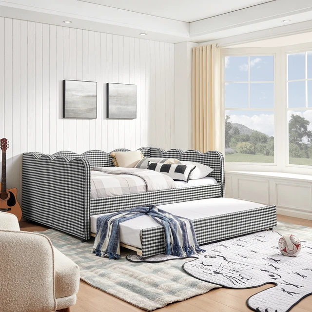 Alt view image 2 of 7 - Full Size Cozy Gingham Daybed with Twin Size Trundle No Box Spring Needed, with USB Port and Adorable Wave Shaped, Linen Fabric