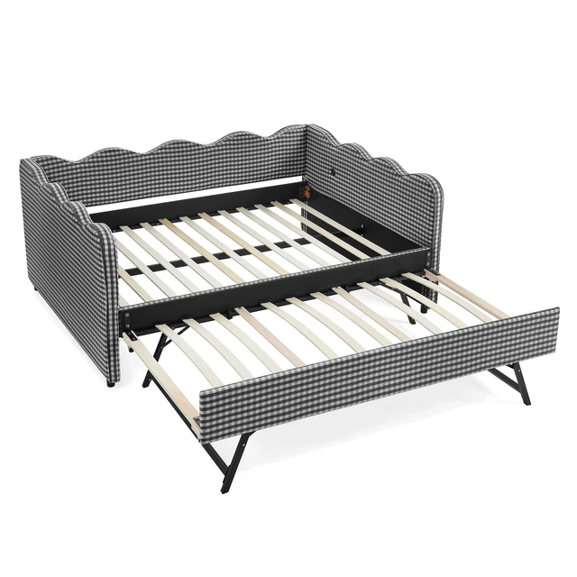 Alt view image 3 of 7 - Full Size Cozy Gingham Daybed with Twin Size Trundle No Box Spring Needed, with USB Port and Adorable Wave Shaped, Linen Fabric