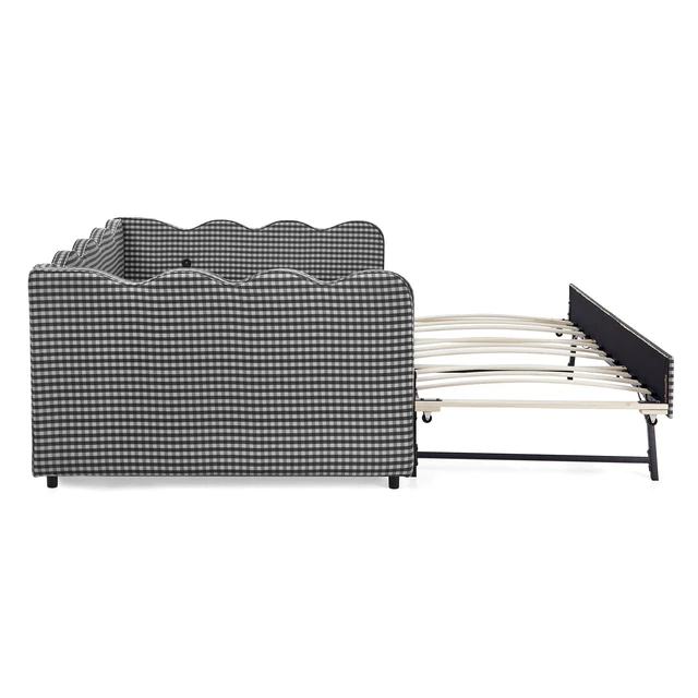 Alt view image 4 of 7 - Full Size Cozy Gingham Daybed with Twin Size Trundle No Box Spring Needed, with USB Port and Adorable Wave Shaped, Linen Fabric
