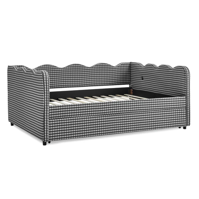 Alt view image 7 of 7 - Full Size Cozy Gingham Daybed with Twin Size Trundle No Box Spring Needed, with USB Port and Adorable Wave Shaped, Linen Fabric