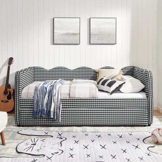 Alt view image 5 of 7 - Full Size Cozy Gingham Daybed with Twin Size Trundle No Box Spring Needed, with USB Port and Adorable Wave Shaped, Linen Fabric