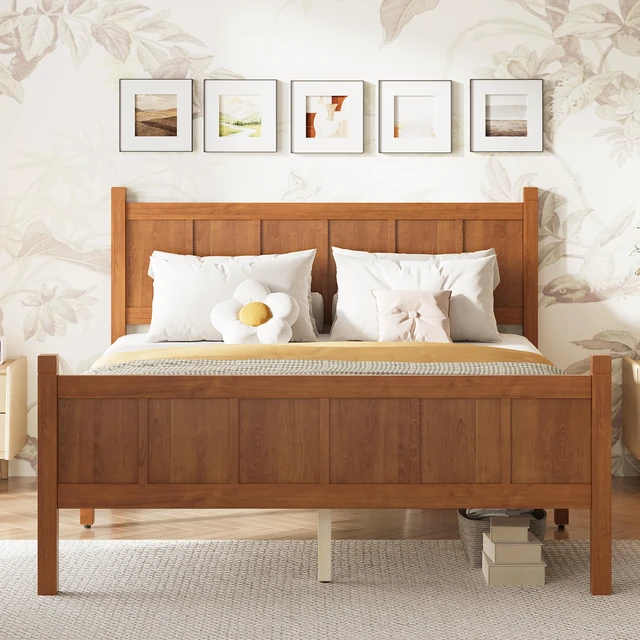 Main image of Full Size Flat Panel Bed with Headboard & Footboard, Minimalist Modern Platform Bed with Wood Grain Finish, Shaker and Farmhouse Style Design, Sleek and Functional Bedroom Furniture,Light Walnut