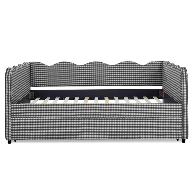 Alt view image 6 of 7 - Full Size Cozy Gingham Daybed with Twin Size Trundle No Box Spring Needed, with USB Port and Adorable Wave Shaped, Linen Fabric