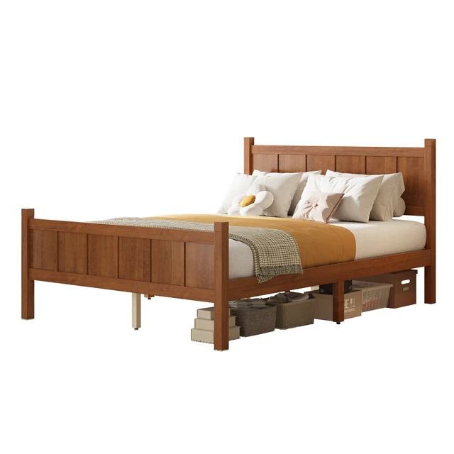 Alt view image 6 of 7 - Full Size Flat Panel Bed with Headboard & Footboard, Minimalist Modern Platform Bed with Wood Grain Finish, Shaker and Farmhouse Style Design, Sleek and Functional Bedroom Furniture,Light Walnut