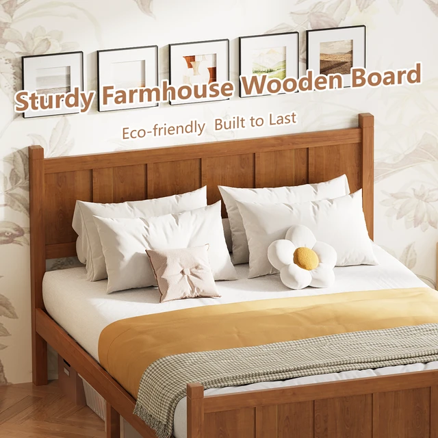 Alt view image 4 of 7 - Full Size Flat Panel Bed with Headboard & Footboard, Minimalist Modern Platform Bed with Wood Grain Finish, Shaker and Farmhouse Style Design, Sleek and Functional Bedroom Furniture,Light Walnut