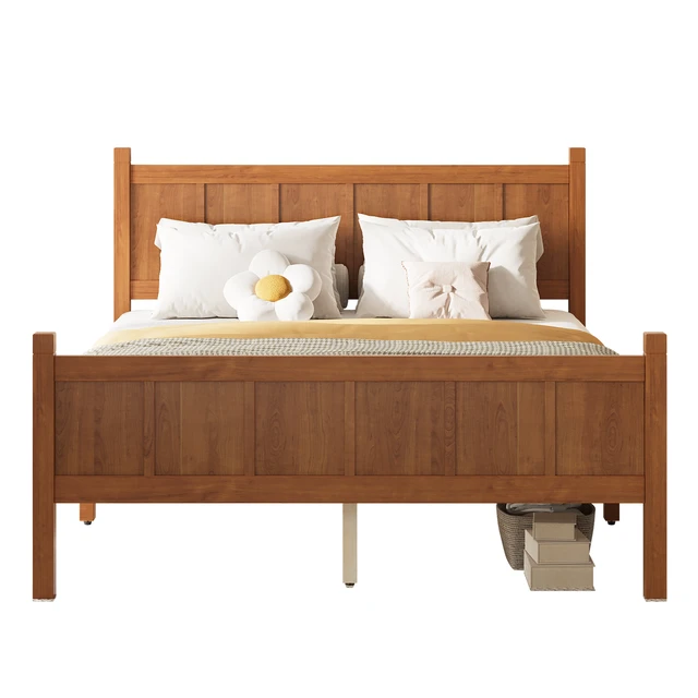 Alt view image 7 of 7 - Full Size Flat Panel Bed with Headboard & Footboard, Minimalist Modern Platform Bed with Wood Grain Finish, Shaker and Farmhouse Style Design, Sleek and Functional Bedroom Furniture,Light Walnut