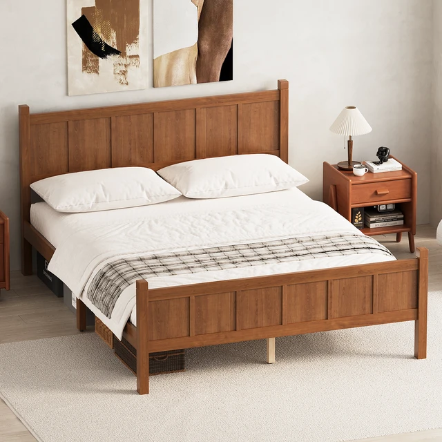 Alt view image 3 of 7 - Queen Size Flat Panel Bed with Headboard & Footboard, Minimalist Modern Platform Bed with Wood Grain Finish, Shaker and Farmhouse Style Design, Sleek and Functional Bedroom Furniture,Light Walnut