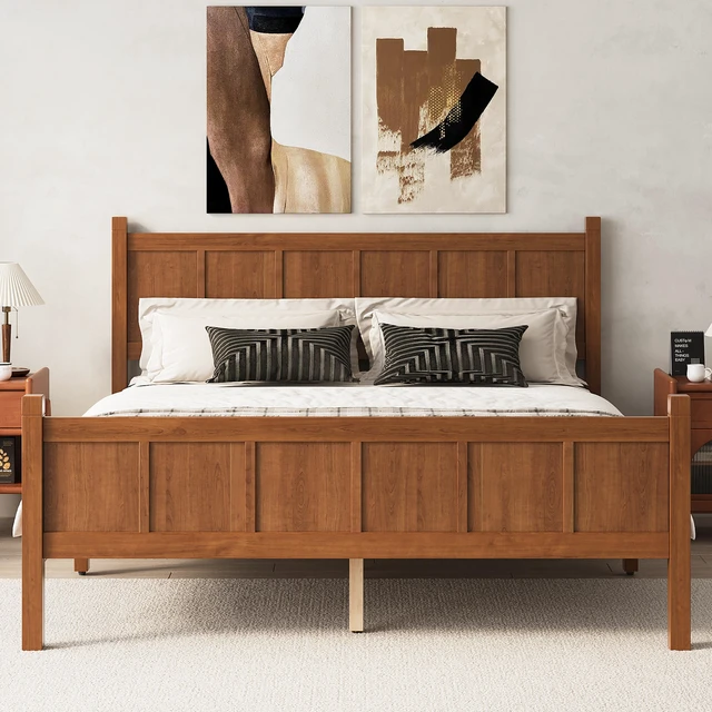 Main image of Queen Size Flat Panel Bed with Headboard & Footboard, Minimalist Modern Platform Bed with Wood Grain Finish, Shaker and Farmhouse Style Design, Sleek and Functional Bedroom Furniture,Light Walnut