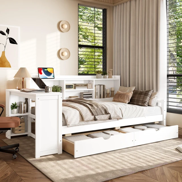 Main image of Twin Size Corner Daybed with Storage Drawers & Desk & Charging Port & Bookcase of White Color
