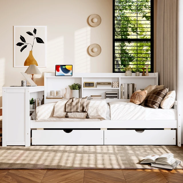 Alt view image 2 of 7 - Twin Size Corner Daybed with Storage Drawers & Desk & Charging Port & Bookcase of White Color