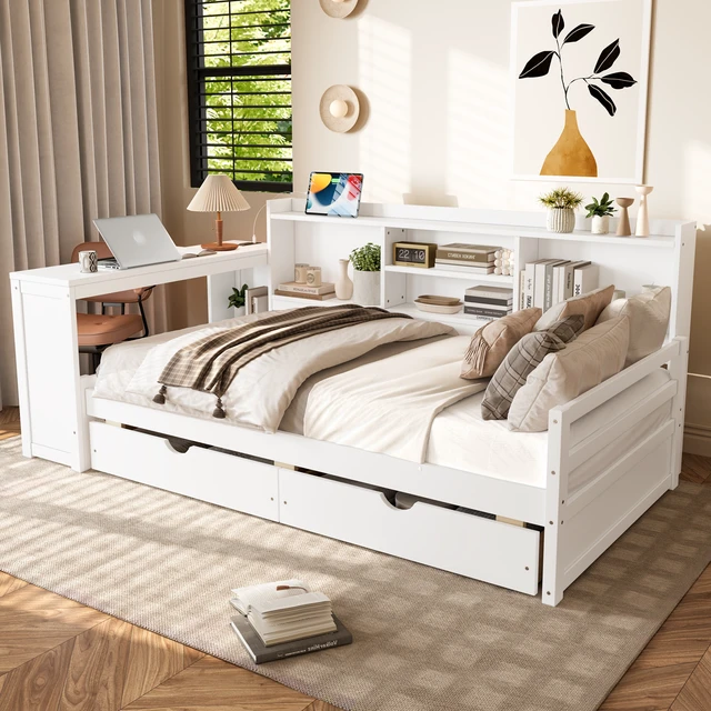 Alt view image 3 of 7 - Twin Size Corner Daybed with Storage Drawers & Desk & Charging Port & Bookcase of White Color
