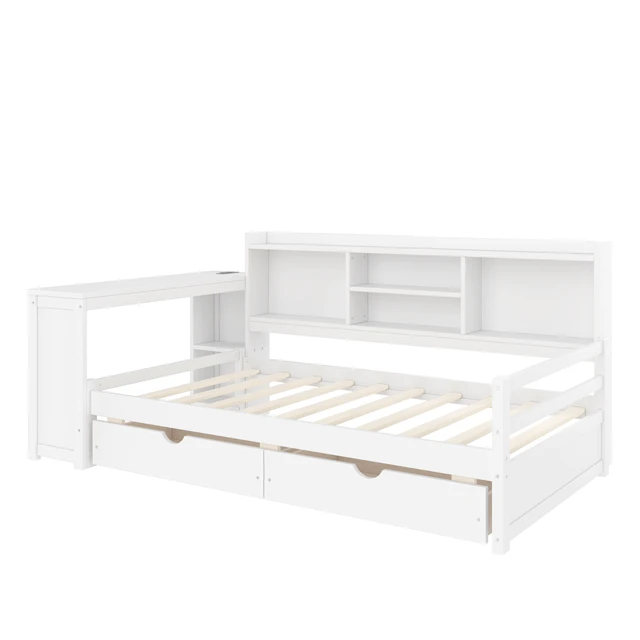 Alt view image 6 of 7 - Twin Size Corner Daybed with Storage Drawers & Desk & Charging Port & Bookcase of White Color