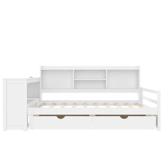Alt view image 7 of 7 - Twin Size Corner Daybed with Storage Drawers & Desk & Charging Port & Bookcase of White Color