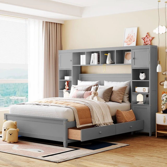 Main image of Full Size Wooden Bed With All-in-One Cabinet and Shelf, Gray