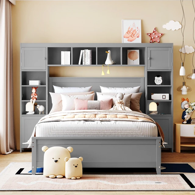 Alt view image 2 of 7 - Full Size Wooden Bed With All-in-One Cabinet and Shelf, Gray