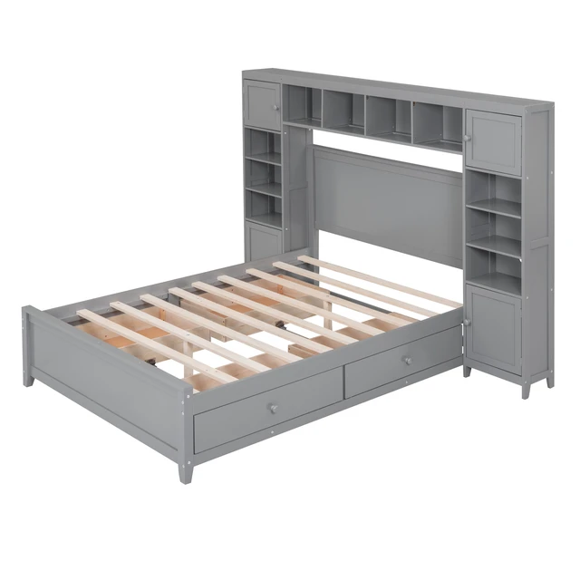 Alt view image 4 of 7 - Full Size Wooden Bed With All-in-One Cabinet and Shelf, Gray