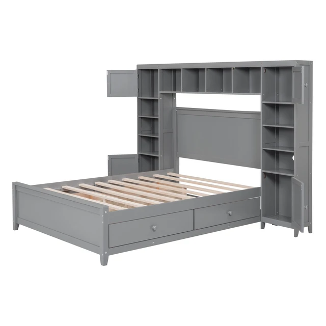 Alt view image 5 of 7 - Full Size Wooden Bed With All-in-One Cabinet and Shelf, Gray