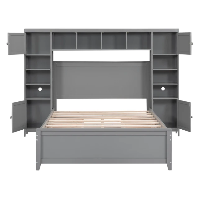 Alt view image 3 of 7 - Full Size Wooden Bed With All-in-One Cabinet and Shelf, Gray