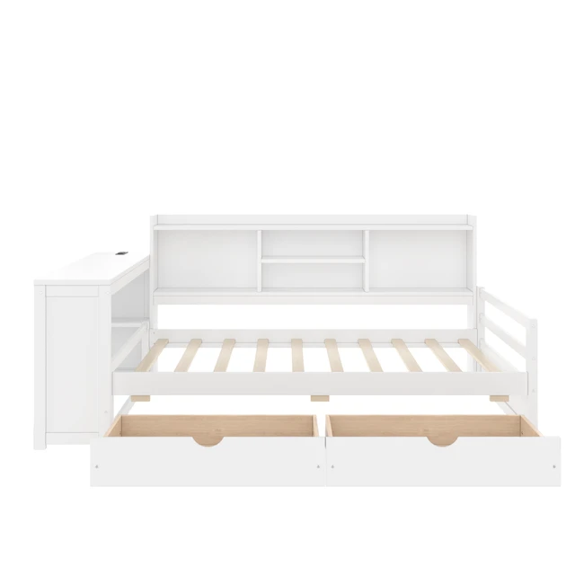 Alt view image 5 of 7 - Twin Size Corner Daybed with Storage Drawers & Desk & Charging Port & Bookcase of White Color
