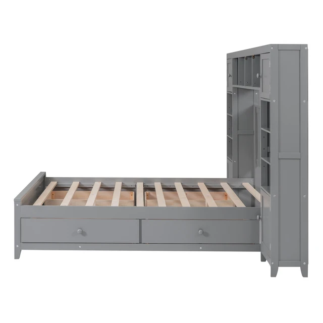 Alt view image 6 of 7 - Full Size Wooden Bed With All-in-One Cabinet and Shelf, Gray