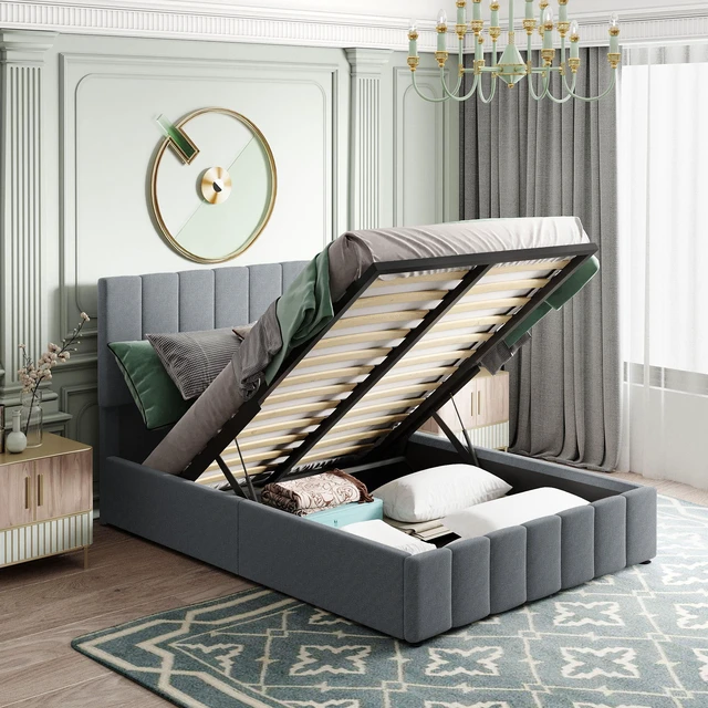 Main image of Full size Upholstered Platform bed with a Hydraulic Storage System - Gray