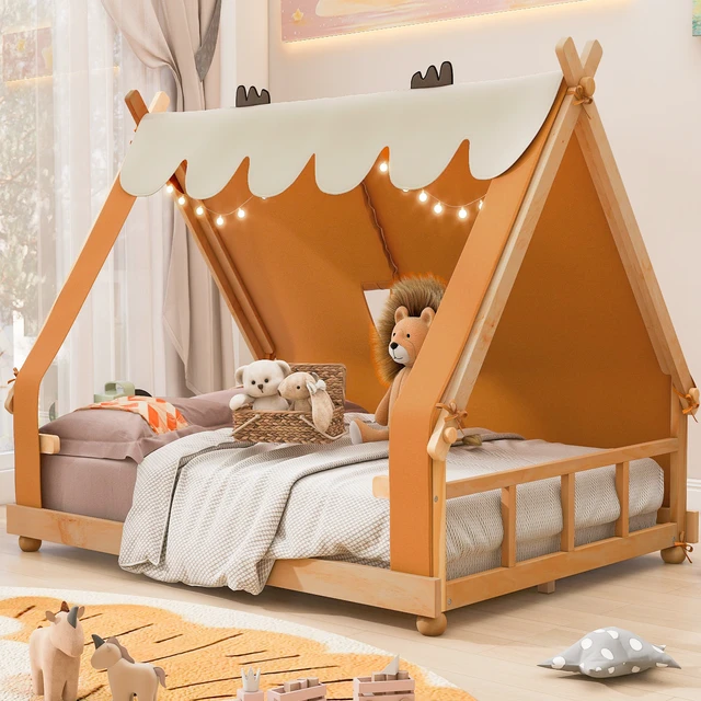 Alt view image 2 of 7 - Full Size House Bed with Tent and Light,Brown