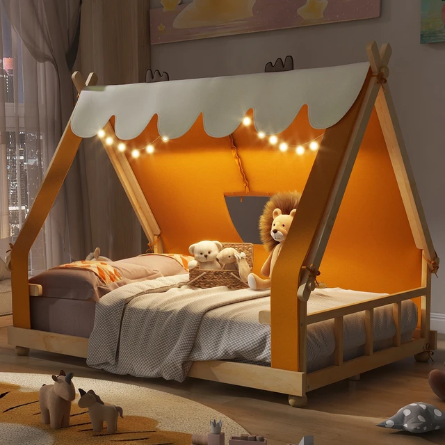 Alt view image 3 of 7 - Full Size House Bed with Tent and Light,Brown