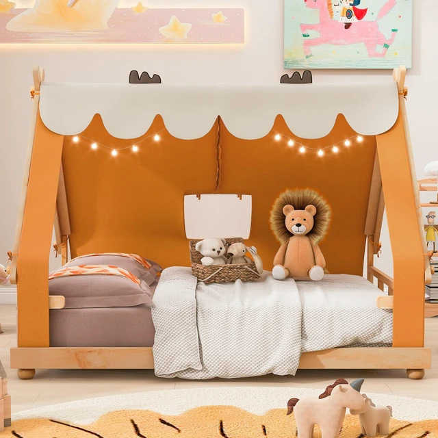 Main image of Full Size House Bed with Tent and Light,Brown