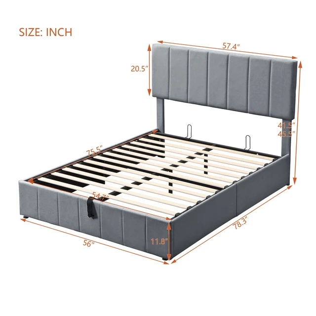 Alt view image 7 of 7 - Full size Upholstered Platform bed with a Hydraulic Storage System - Gray