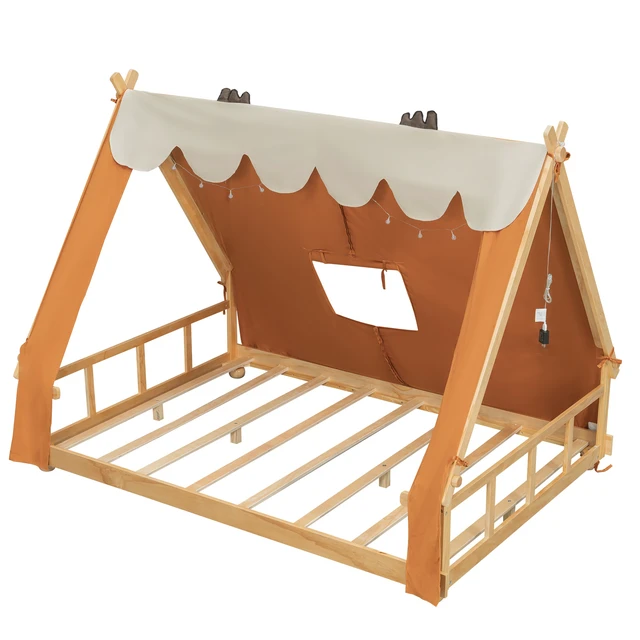 Alt view image 5 of 7 - Full Size House Bed with Tent and Light,Brown