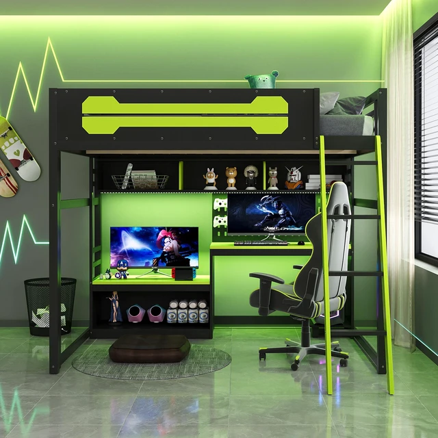 Alt view image 2 of 7 - Full Size Wood Loft Bed with Desk, Shelves, LED Lights, USB Ports and Pegboard, Black+Green