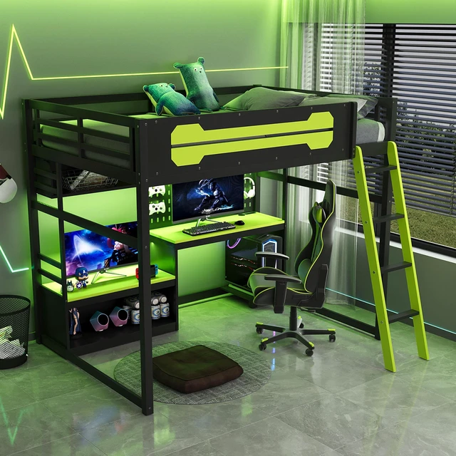 Main image of Full Size Wood Loft Bed with Desk, Shelves, LED Lights, USB Ports and Pegboard, Black+Green