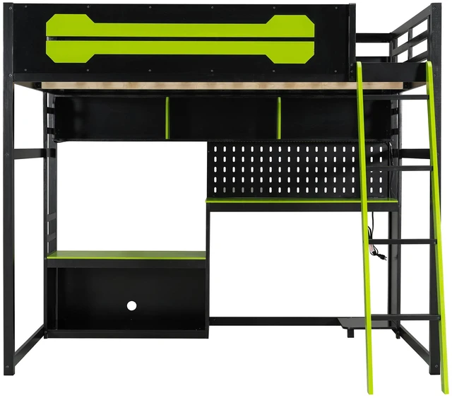 Alt view image 4 of 7 - Full Size Wood Loft Bed with Desk, Shelves, LED Lights, USB Ports and Pegboard, Black+Green