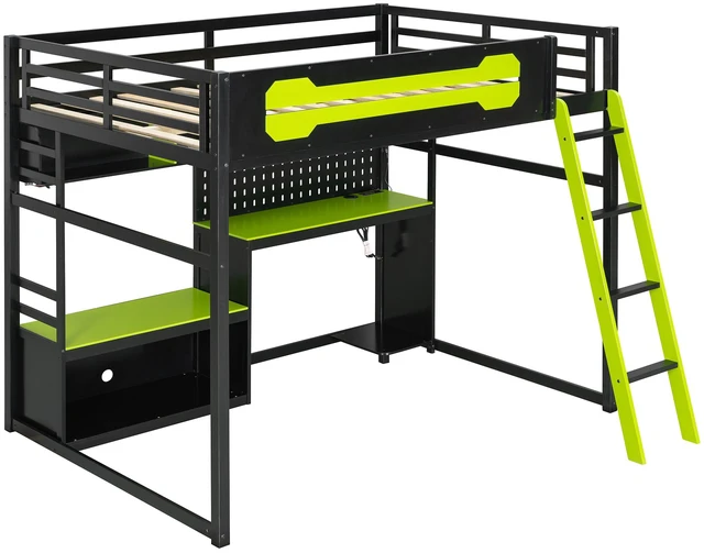Alt view image 5 of 7 - Full Size Wood Loft Bed with Desk, Shelves, LED Lights, USB Ports and Pegboard, Black+Green