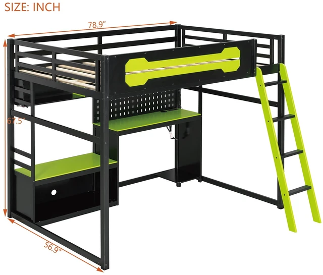 Alt view image 6 of 7 - Full Size Wood Loft Bed with Desk, Shelves, LED Lights, USB Ports and Pegboard, Black+Green