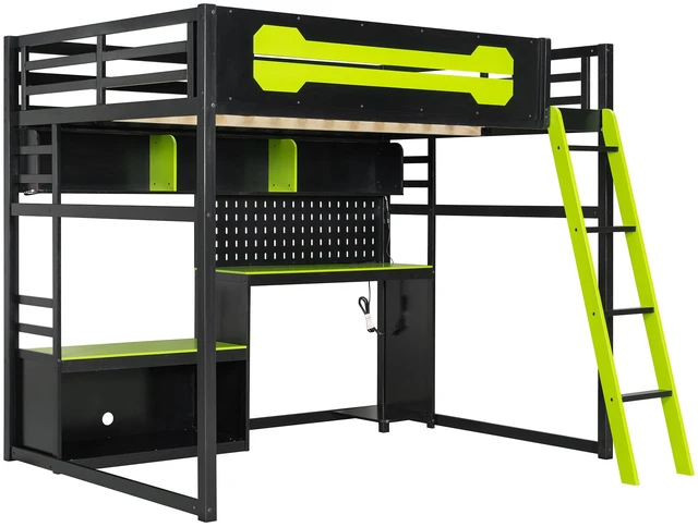 Alt view image 3 of 7 - Full Size Wood Loft Bed with Desk, Shelves, LED Lights, USB Ports and Pegboard, Black+Green
