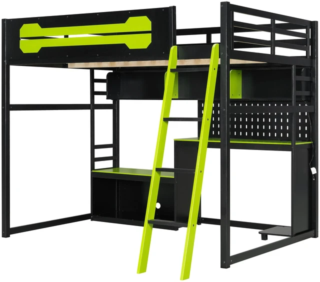 Alt view image 7 of 7 - Full Size Wood Loft Bed with Desk, Shelves, LED Lights, USB Ports and Pegboard, Black+Green