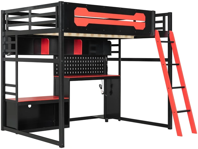 Alt view image 3 of 7 - Full Size Wood Loft Bed with Desk, Shelves, LED Lights, USB Ports and Pegboard, Black+Red