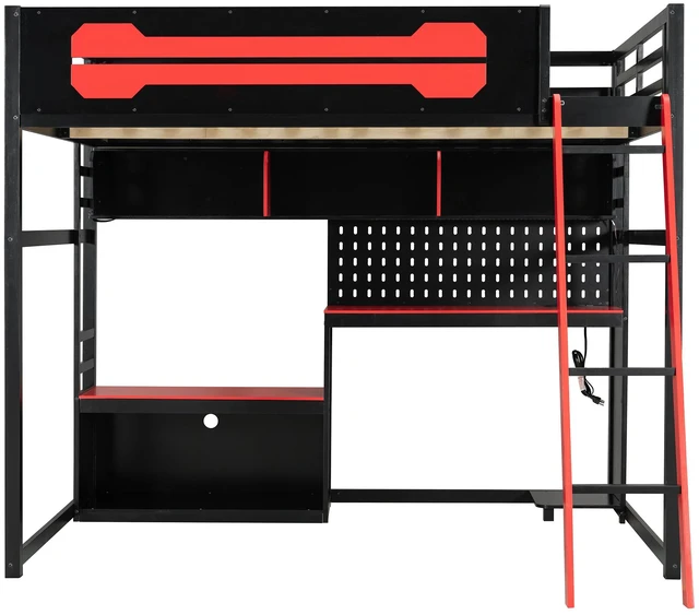 Alt view image 4 of 7 - Full Size Wood Loft Bed with Desk, Shelves, LED Lights, USB Ports and Pegboard, Black+Red