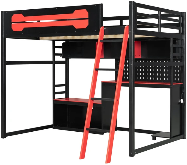 Alt view image 5 of 7 - Full Size Wood Loft Bed with Desk, Shelves, LED Lights, USB Ports and Pegboard, Black+Red